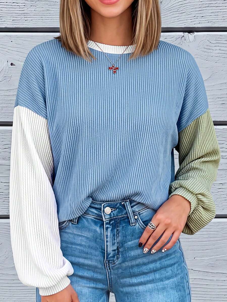 CILKOO Multi-Color Rope Splice Drop Shoulder Long Sleeve Top, Women's Spring Clothing, Summer Blouse, Ladies Casual Shirt - Baby Blue - View 1