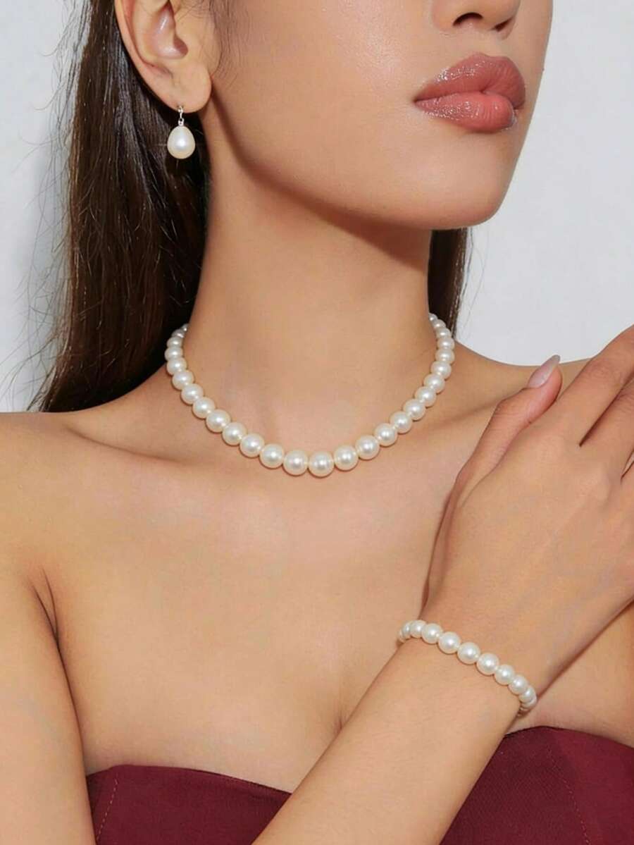 3pcs Women's White Pearl Jewelry Set, Round Pearl Necklace, Bracelet, Dangle Earrings, Bridal Wedding Jewelry Gift - Silver - View 1