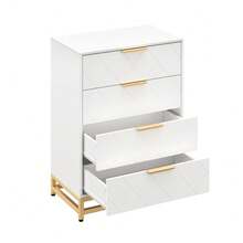 Cómoda de 4 Cajones para Dormitorio – Diseño Moderno con Tiradores Dorados y Patas Metálicas, Cajones Profundos, Organizador de Ropa para Clóset, Recámara o Entrada​ - Blanco - Ver 2