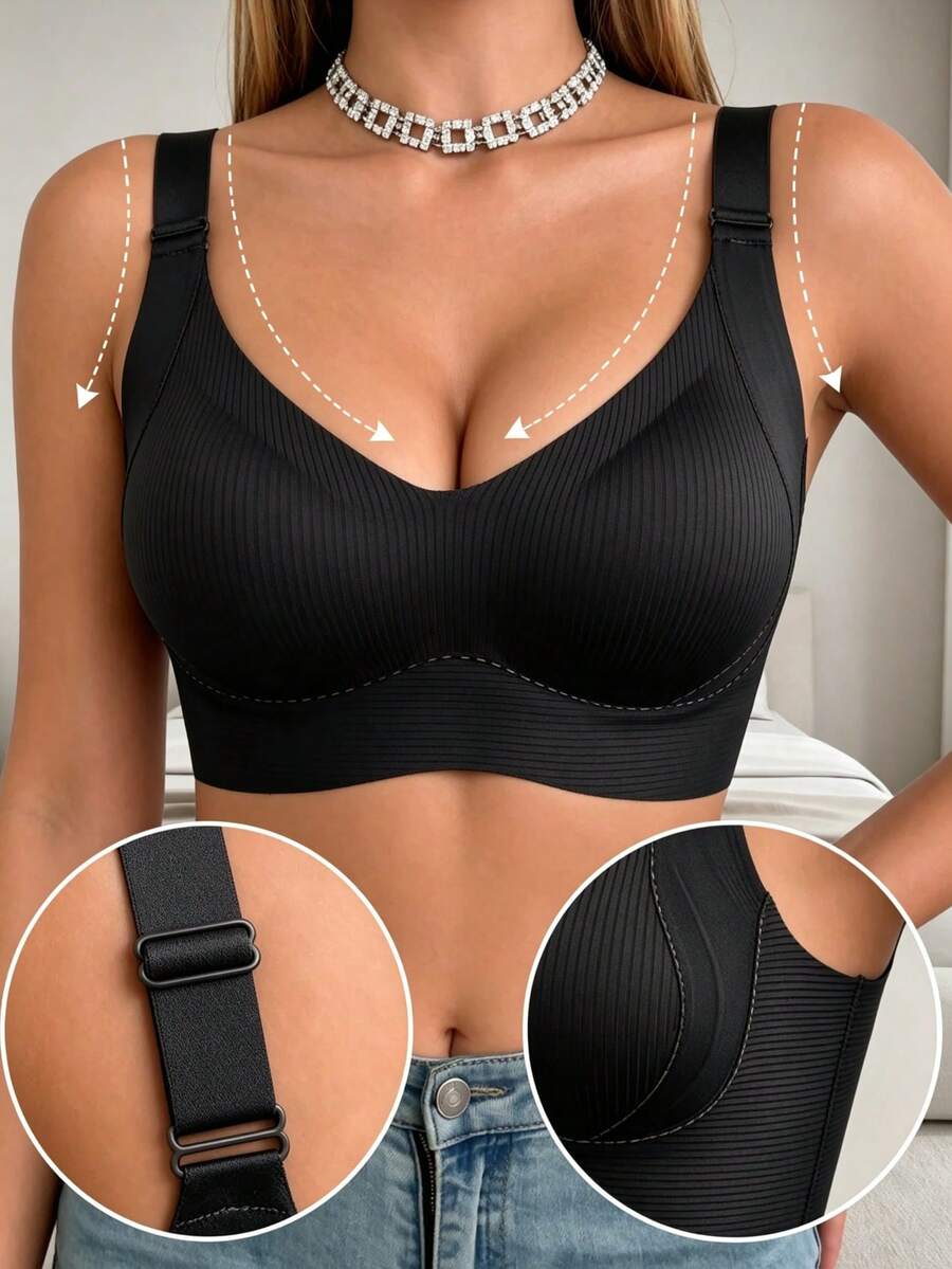 Bra Tanpa Jahitan dengan Penyangga Samping, Kain Super Lembut & Bernapas, Nyaman untuk Pemakaian Sehari-hari - Hitam - View 1