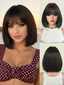 NAMM Wig Bob Pendek Lurus Cokelat Gelap 12 Inci Elegan dengan Poni, Wig Serat Sintetis Tahan Panas yang Lucu, Modis, dan Alami untuk Pemakaian Sehari-hari dan Pesta Wanita - Hitam Coklat - View 3
