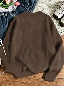 Women's Plus Size Casual Faux Knit Top, Printed With "Angry Little Yellow Chicken" Pattern, Round Neck Long Sleeve (Autumn/Winter) - Brown - View 2