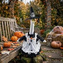 Porch Goose Halloween Costume, Ghost Print Ruffled Trim Dress And Hat 2 Pcs Set, Holiday Lawn Goose Outfits - Black - View 2