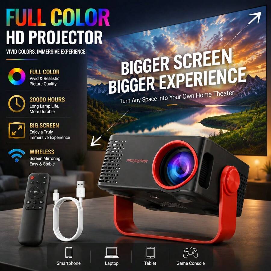 M60 Mini Projector 1080P Supports USB/Type-C Interface, Portable Home Theater Projector With 2.4G WiFi, Projection Size 20-100 Inches
