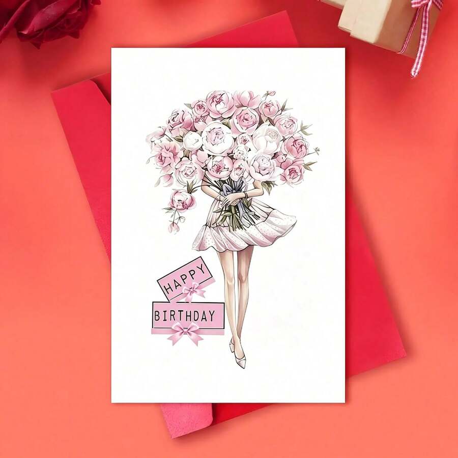 1張迷人粉色花卉生日卡片-優雅芭蕾主題設計,附「Happy Birthday」橫幅,適合送給朋友、家人、同事-高品質紙材,生日與祝賀場合的理想禮物 - 多色 - 查看 1