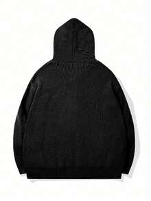 Men's Fashion Casual Versatile Solid Color Minimalist Zip-Up Sweatshirt Long Sleeve Loose Ribbed Hooded Sweatshirt Pocket Knit Sweatshirt Jacket Autumn/Winter - Black - View 7