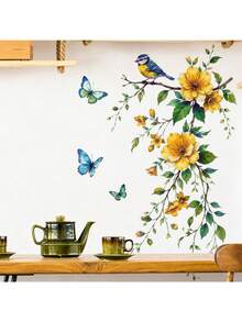 1pc Watercolor Yellow And Blue Butterfly Removable Self-Adhesive Wall Sticker, Fresh Green Floral Home Decor For Kitchen, Entrance And Living Room - Yellow Flower  and Blue Butterfly - View 1