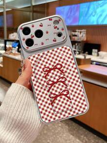 1 Peça Capa de Telefone com Placa Traseira de Laço Xadrez Vermelho & Branco + Moldura Prateada com Estampa de Cereja, Capa Magnética com Abertura, Proteção Total Anti-Queda, Estilo Vintage Coquette Feminino, Adequado para Dia dos Namorados, Dia da Melhor Amiga, Aniversário, Natal, Volta às Aulas, Presente de Páscoa, Compatível com iPhone 17, Compatível com iPhone 17 Pro, Compatível com iPhone 17 Pro Max - Prata - Visão 7