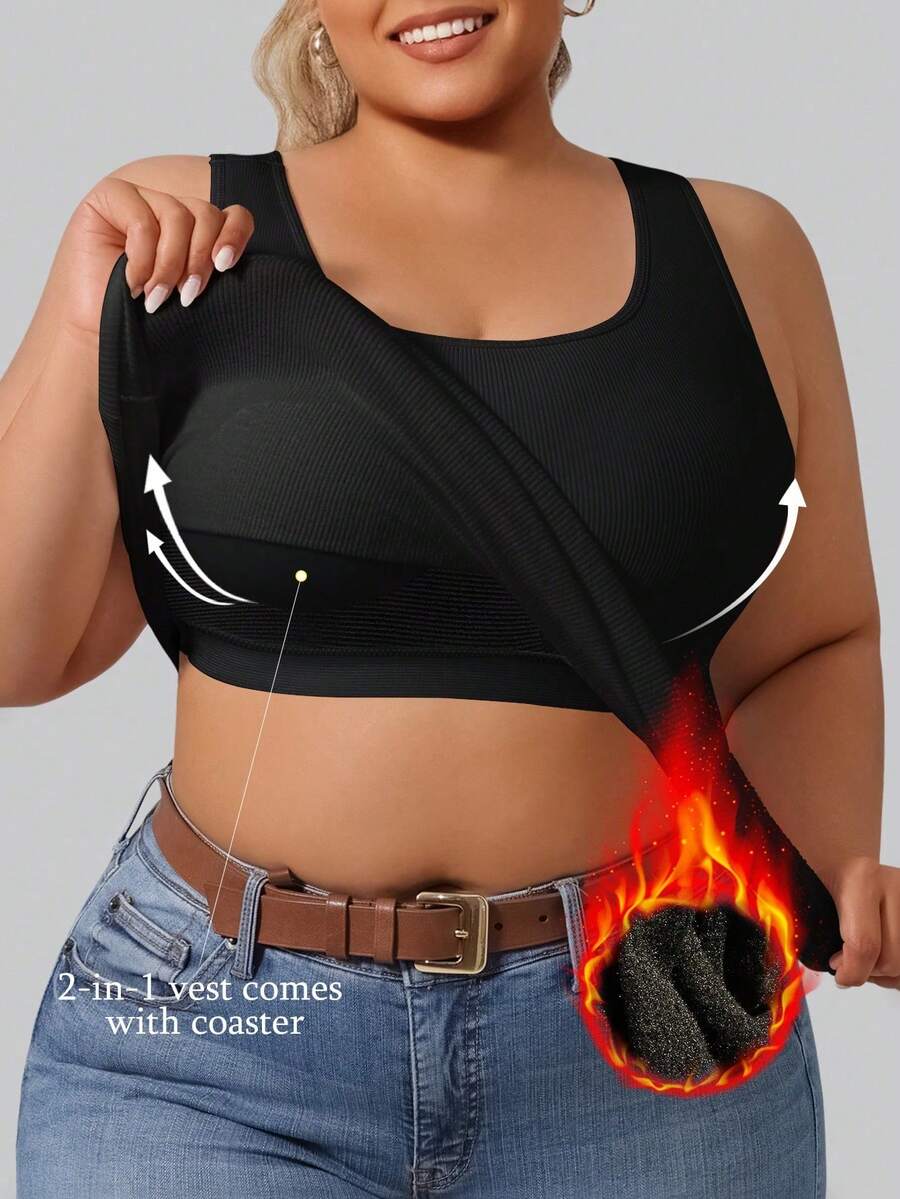 1 pieza Top de tirantes de talla grande con textura acanalada y forro polar cepillado negro, cuello U grande y cuello cuadrado 2 en 1 con relleno de sujetador incorporado sin necesidad de sujetador, top deportivo de yoga capa base para mujer - Negro - Ver 1