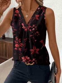 [Free Shipping]Elegant Vintage Floral Print V-Neck Tank Top For Women - Sleeveless, Button Detail, Perfect For Spring/Summer Casual Wear - Mixed - View 4