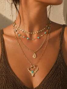 4pcs/Set Vintage Western Cowboy Style Boots & Bull Head Pendant Necklace Set, Fashion Women's Neck Jewelry Suitable For Daily Wear And Vacation Party - Multicolor - View 1