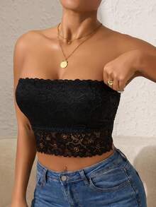 1pc Women's Solid Color Lace Wireless Bra, Removable Padding With Transparent Shoulder Straps, Sexy Backless Camisole Top, Outerwear Inner Layer Anti-Exposure Lingerie Spaghetti Strap - Black - View 6