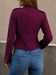 Burgundy Napoleon Style Short Jacket, Stand Collar Gold Button Military Officer Style Waist-Cinching Blazer - Burgundy - View 2