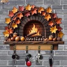 Autumn Maple Leaf Wooden Key Holder, Key Storage Rack, Maple Leaf Fireplace And Forest Mushroom Basket Pattern, 4-Hook Wall Storage Rack, Rustic Farmhouse Entryway Decor - Multiple Styles - View 9