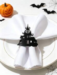 12pcs/6pcs/1pc Halloween Napkin Rings - Halloween Novelty Theme, Black Skeleton Hand, Ghost, Spider, Haunted House, Butterfly Creative Design Napkin Rings, Suitable For Halloween Party Table Decor - Easy To Clean Metal Texture, Halloween Decoration, Theme Event Accessories, Spooky Table Decor, Durable Napkin Holder - Multicolor - View 8