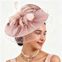 1pc Vintage Polka Dot Mesh Hair Accessory With Feather Decoration, Suitable For Wedding Guests And Afternoon Tea - Dusty Pink - View 4