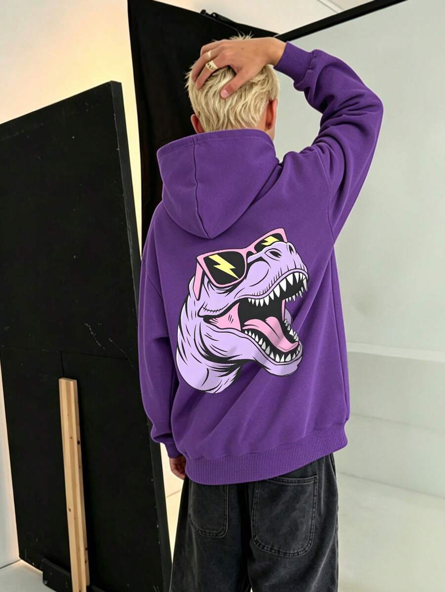Boys' Hooded Sweatshirt, Cartoon Dinosaur Print Pullover, Soft Loose Long Sleeve Sweatshirt, Suitable For Daily School Wear In Spring And Autumn - Purple - View 1