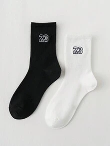 2 Pairs Embroidered Number 23 Pattern Personalized & Fun Men's Socks, Unisex, Suitable For All Seasons, Comfortable & Breathable, Perfect For Daily Wear - Black and White - View 6