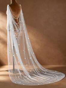 1 Stück weißer weicher Tüll bodenlanger Brautumhang mit Kunstperlen und Blumendekor, Hochzeitskleid Schal, Abendparty Accessoire - Weiss - Übersicht 3