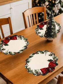 2/4/600pcs Christmas Party Flower Placemats - Vintage Holly And Red Bow Wreath; 13.78 Inch Linen Material; Tabletop Decor Non-Slip, Heat-Resistant And Machine Washable - Multicolor - View 3