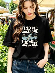 Find Me Where The Wild Waves Are. T-Shirt. Quality Fabric, Urban Hip-Hop, Comfortable, Durable, Graphic Design. - Black - View 6