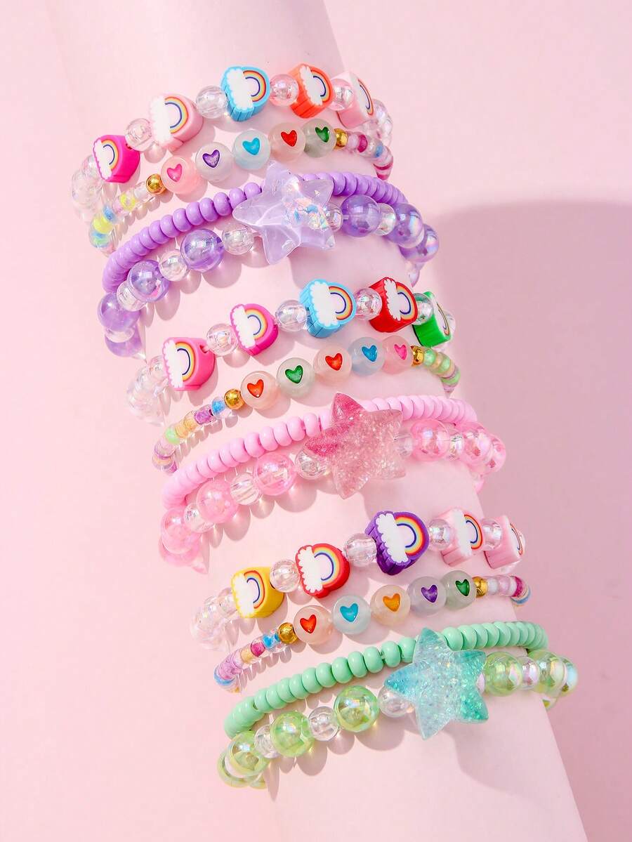 4/12 Pcs/Set Gelang Manik-Manik Warna-warni Lucu untuk Anak-Anak, Liontin Bintang & Awan, Untuk Sekolah, Sehari-hari & Liburan, Hadiah Ulang Tahun, Manik-Manik Warna Acak - MultiWarna - View 1