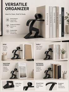 Human Shaped Metal Bookend, Minimalist Sculpture Bookend Heavy Duty Book Holder, Modern Desk Shelf Organizer, Durable Metal Art Decor For Home Office, Book Lovers Gift, Anti-Slip Support - Multicolor - View 8