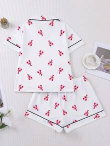 Set Piyama Wanita 2 Potong, Motif Lobster, Pakaian Santai Wanita, Pakaian Liburan Musim Semi/Panas, Atasan Lengan Pendek dan Celana Pendek - Putih - View 2