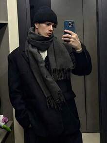 1pc Halloween Fall Winter Solid Wool Pashmina Scarf, Tassel Cold‑Proof Unisex Couple Shawl Wrap, Warm Accessory For Halloween Party Daily Wear - Black - View 2