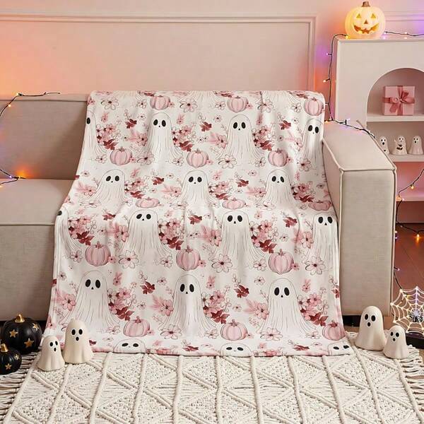 1 pieza Manta de tiras con estampado sin costuras de calabaza fantasma floral rosa - Estilo Halloween pastel suave - Manta suave y esponjosa - Microfibra