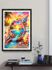 1pc Diamond Painting Kit, Dreamy Sunset Beach Seashell Landscape Diamond Art, Handmade Rhinestone Decor Painting, Tropical Ocean Style Living Room Wall Art, Holiday Gift - round diamond - View 5