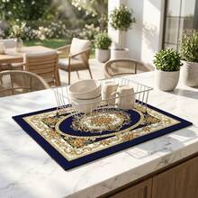 1pc Dish Drying Mat, Coffee Machine Mat, European Classical Floral Pattern Deep Blue Background Luxury Scroll Rose Design, High Absorbency Drainage Mat Suitable For Dining Table And Cafe Use, Multi-Purpose Water-Draining Mat, Home Gift, Tabletop Decor - XYLSD-647 - View 5
