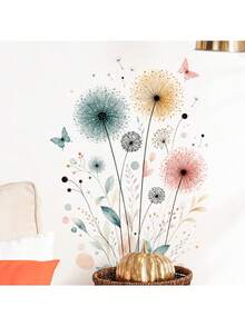 1pc Morandi Watercolor Dandelion Butterfly Wall Sticker, Minimalist Nordic Removable Self-Adhesive Wall Decal, Kitchen Living Room Warm Soft Natural Home Decor - Morandi Watercolor Dandelion - View 4