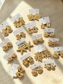2/4 Pairs Gold Stainless Steel Fashion Geometric Oval/Leaf Shell Hollow Earrings For Women, High Quality Hypoallergenic Daily Wear Ear Jewelry, Gold Earrings - Gold - View 10