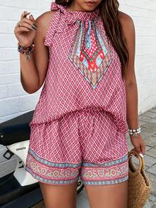 Plus Size Full Print Side Knot Halter Top & Shorts - Multicolor - View 1
