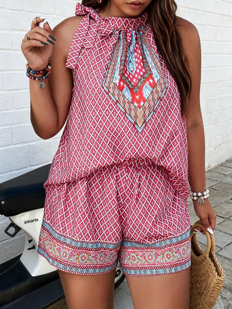 Plus Size Full Print Side Knot Halter Top & Shorts - Multicolor - View 1
