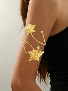1pc Elegant Simple Dual-Layer Rhinestone & Metal Arm Cuff, Fashion Jewelry For Women, Vacation, Party, Beach - Yellow Gold - View 9