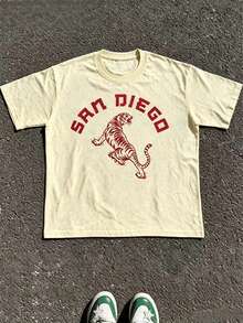 1pcs Vintage San Diego Tiger Graphic T-Shirt, Unisex Tee For Men Women, 100% Cotton Retro Funny Print Top, Summer Casual Daily Outfit - 杏色5 - 查看 1