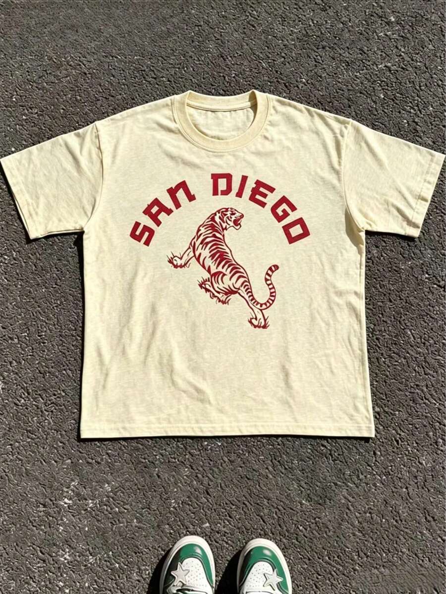 1pcs Vintage San Diego Tiger Graphic T-Shirt, Unisex Tee For Men Women, 100% Cotton Retro Funny Print Top, Summer Casual Daily Outfit - 杏色5 - 查看 1