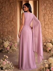 SUPGIR Gaun Pesta Chiffon Belahan Lengan Kelelawar dengan Hiasan Manik-manik Bordir dan Kerah V, Model Rumbai - Berwarna merah muda - View 3