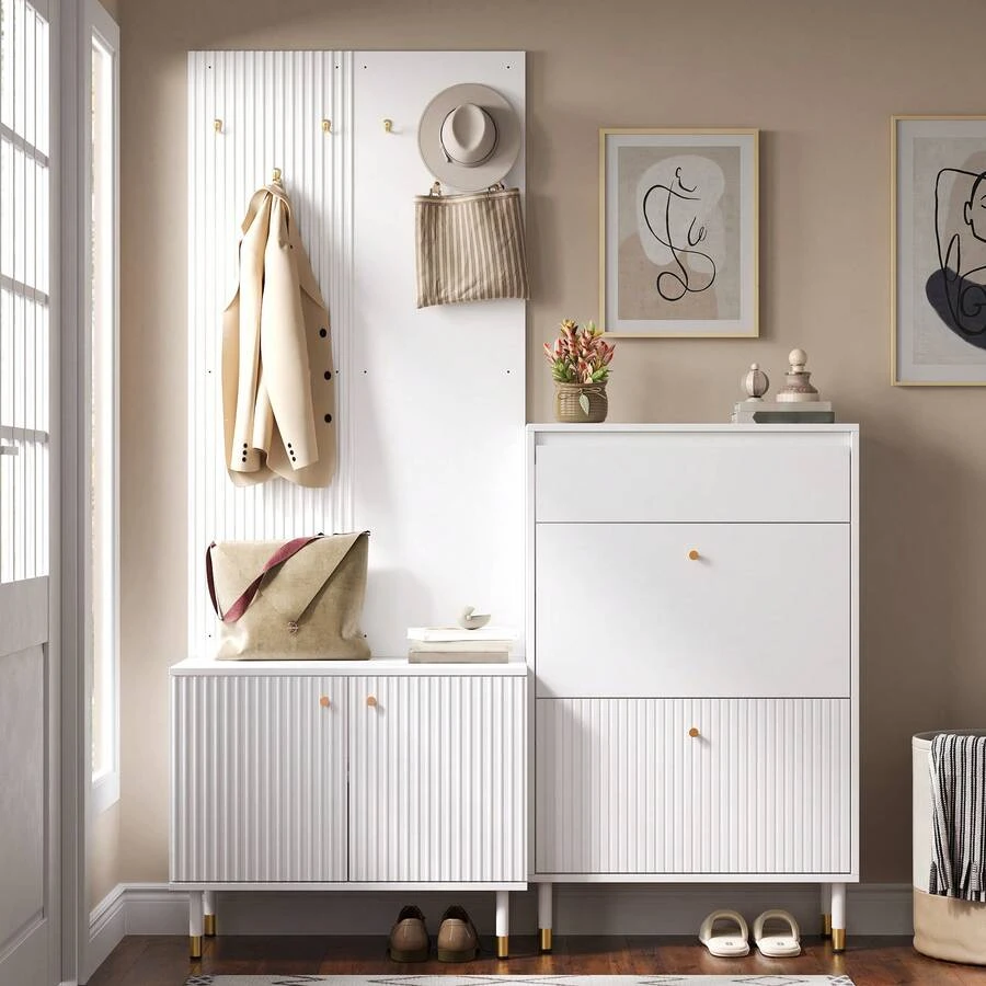 Entryway Storage Rack Set, Slim Folding Shoe Cabinet With Metal Hooks, Multifunctional Hallway - 白色 - 查看 1
