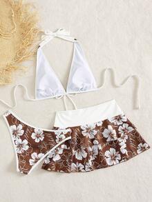 Conjunto de bikini de 3 piezas con estampado floral estilo vacaciones para mujer, con falda mini de capas - Multicolor - Ver 3