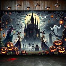 1pc Dark Castle Halloween Background Banner, Full Moon Cemetery Dark Fairy Tale Style, Castle, Dead Trees, Flying Bats, Floating White Ghosts Surrounding, Witch, Suitable For Halloween Party Decoration, Holiday Party Decoration, Etc. - A - View 7