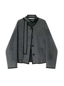 Women's Grey Short Polyester Jacket, Contrast Embroidery Trim, Open Front, Scarf Collar, Pockets And Long Sleeves, Perfect For Autumn/Winter - Dark Grey - View 3