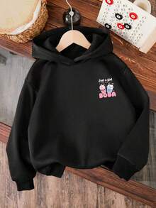 Tween Girl Cartoon Print Hooded Long Sleeve Sweatshirt - Black - View 2