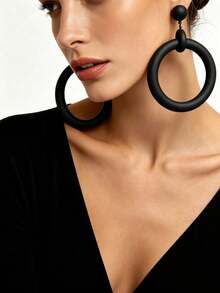 1 Pair Women's Minimalist Exquisite Vintage European & American Style Double-Layer Thick Tube Oversized Round Hoop Long Dangle Earrings, Mirror Glossy Black Ball Stud Connected To Multi-Layer Thick Hollow Large Circle Geometric Long Ear Pendants, Suitable For Banquet, Daily, Beach Vacation, Fashion Wear - Black - View 2