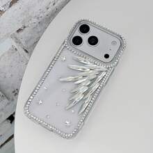 1pc New Large Hole Luxury Maple Leaf Shaped Long Strip Rhinestone Case Compatible With Apple 17 Pro Max, Sparkling Diamond Phone Shell, Luxury 16/15, Premium 14, Niche 13, Fashion 12 - Silver - View 4