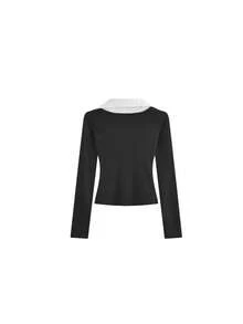 Colorblock Patchwork Faux Two-Piece Long Sleeve T-Shirt - Black - View 7