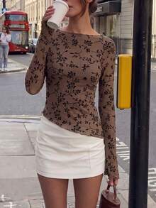 Women's Knitted Printed Long Sleeve Top - Brown - View 7