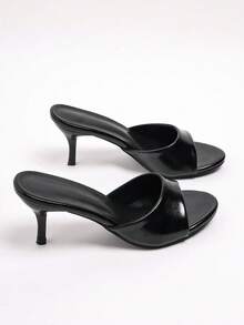 2026 Black Glossy Square Toe Open Toe Narrow Strap Thin Kitten Heel High Heel Slides For Women, Minimalist Outdoor Wear, Spring Summer Export Shoes - Black - View 5
